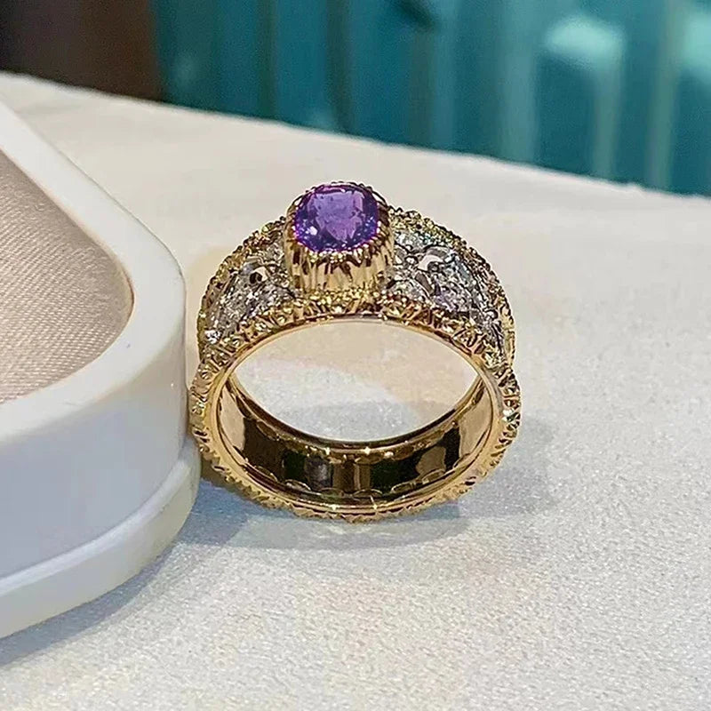 Bague Huitan en zircone cubique violette, motif ajouré bicolore – Élégance et raffinement pour femmes