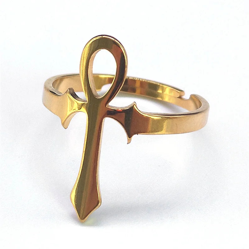 Bague en croix égyptien pour hommes et femmes, anneau en acier inoxydable, symbole de vie Anubis, ajustable, tendance égyptienne, bijoux de fête, cadeau