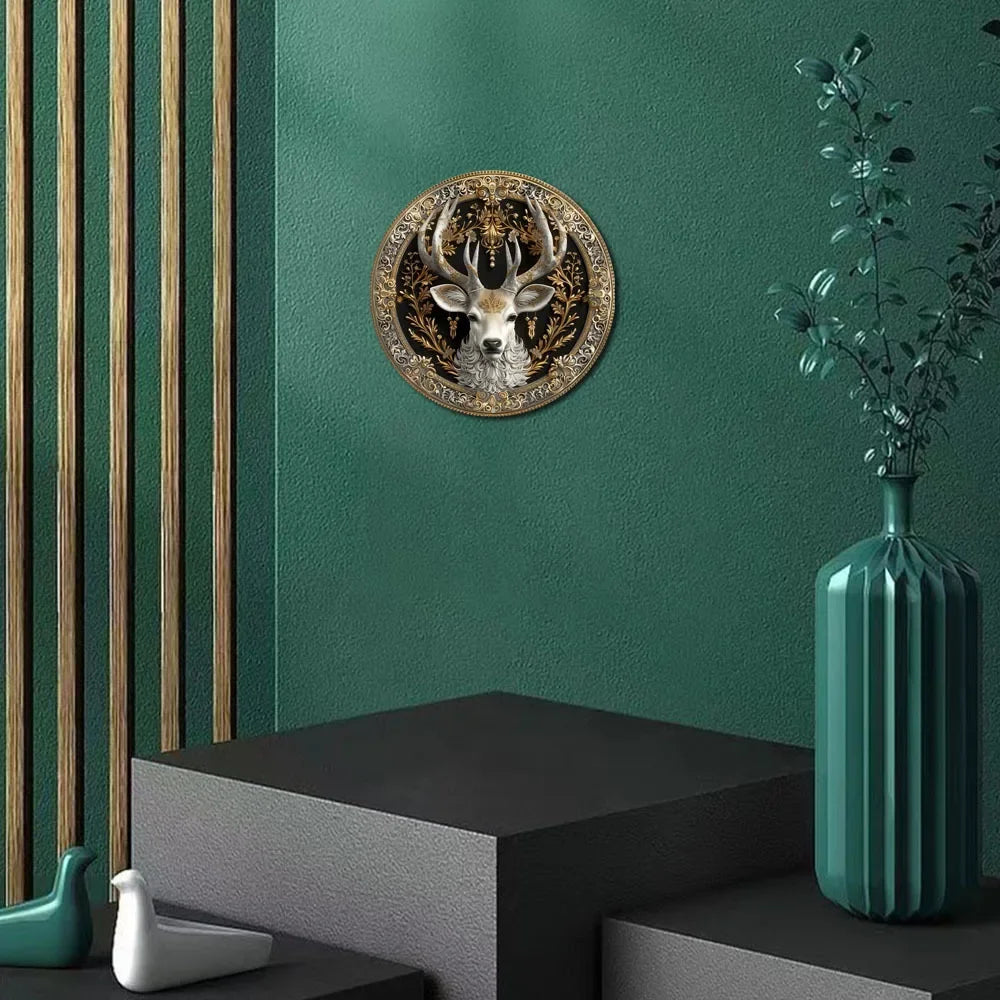 Assiette décorative en métal avec motif tête de cerf, impression ronde et plate, cadeau décoratif pour la maison, le café et la décoration murale, JO