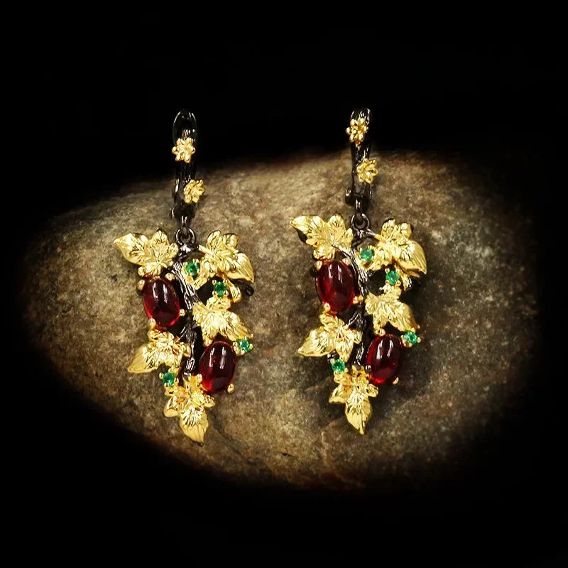 Nouveau élégant noir or rubis pendentif fleur feuille 925 boucles d'oreilles en argent cristal pierres précieuses dames bijoux boucles d'oreilles argent 925 bijoux