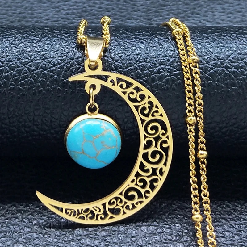 Collier Lune Noir en Acier Inoxydable pour Femme, Bijoux avec Perles de Classe Rouges