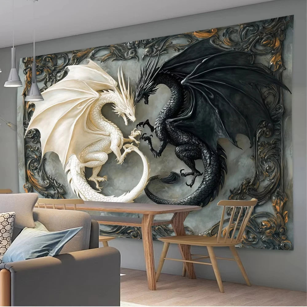 Superbe tapisserie murale suspendue en forme de Dragon noir et blanc, en Polyester de haute qualité, motif de Dragon exquis, décor de bureau