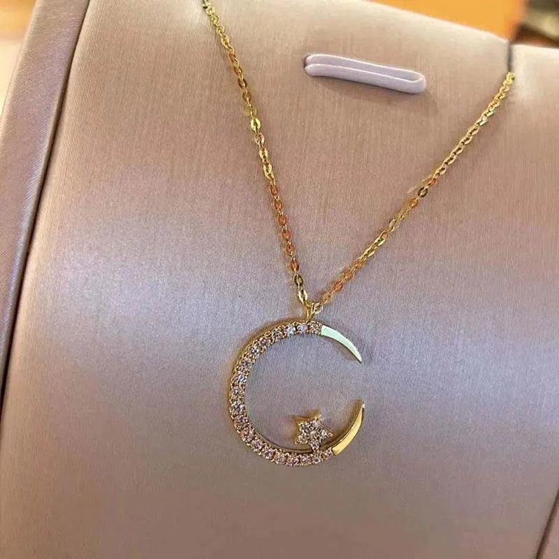 Collier pendentif étoile lune incrusté de zircone brillant pour femmes, chaîne de clavicule en cristal de luxe, bijoux de mariage