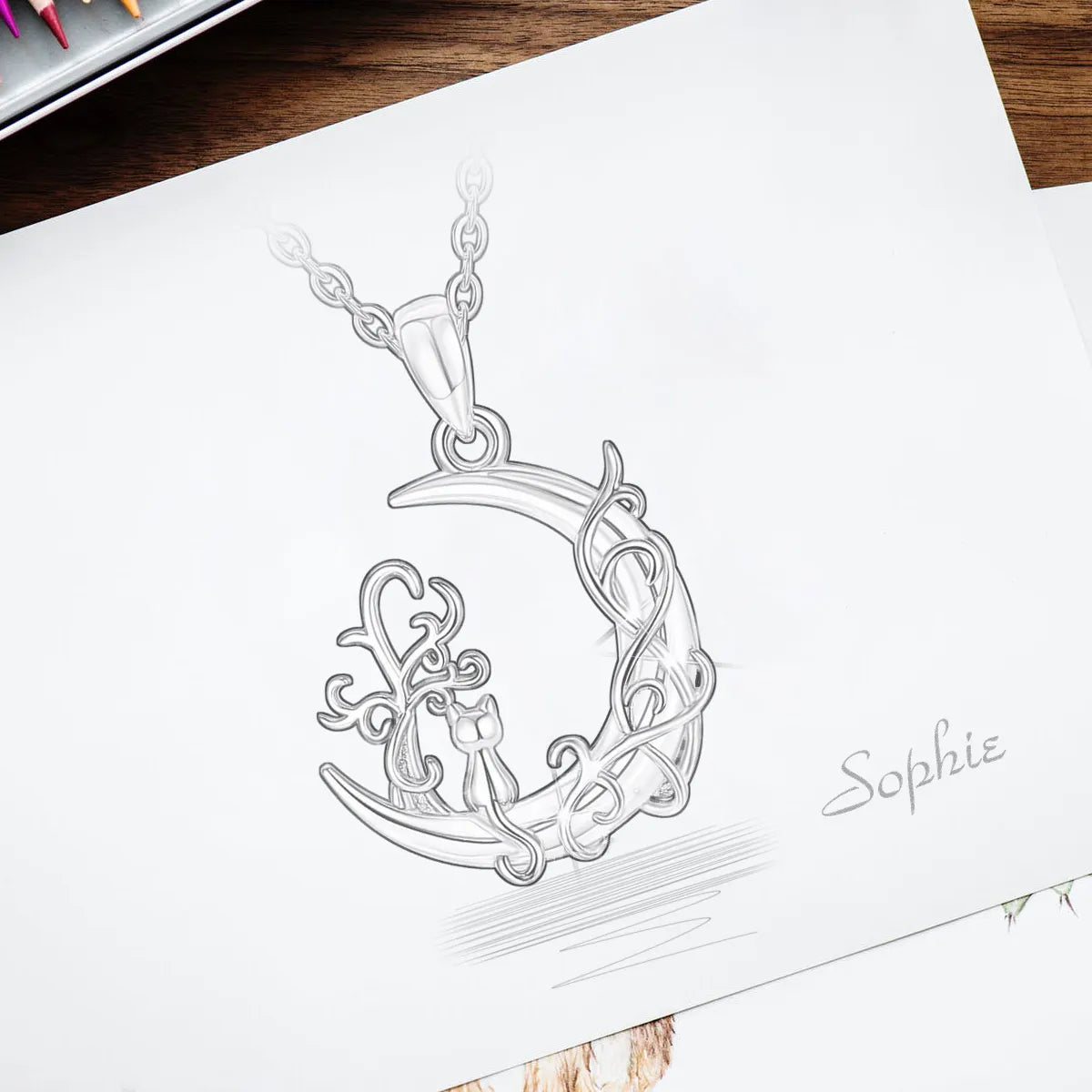 Eudora-Collier pendentif arbre de vie en argent regardé 925 pour homme et femme, chat mignon assis sur la lune, bijoux en argent fin, cadeau de fête