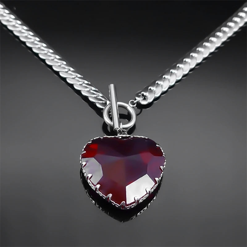 Collier ras du cou gothique punk en acier inoxydable avec pendentif cœur rouge en verre pour femmes