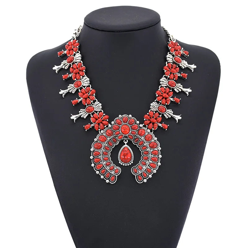Navajo – ensemble de bijoux indiens pour femmes, boucles d'oreilles en résine de pierre Turquoise rouge et collier de fleurs de courge occidentales pour femmes