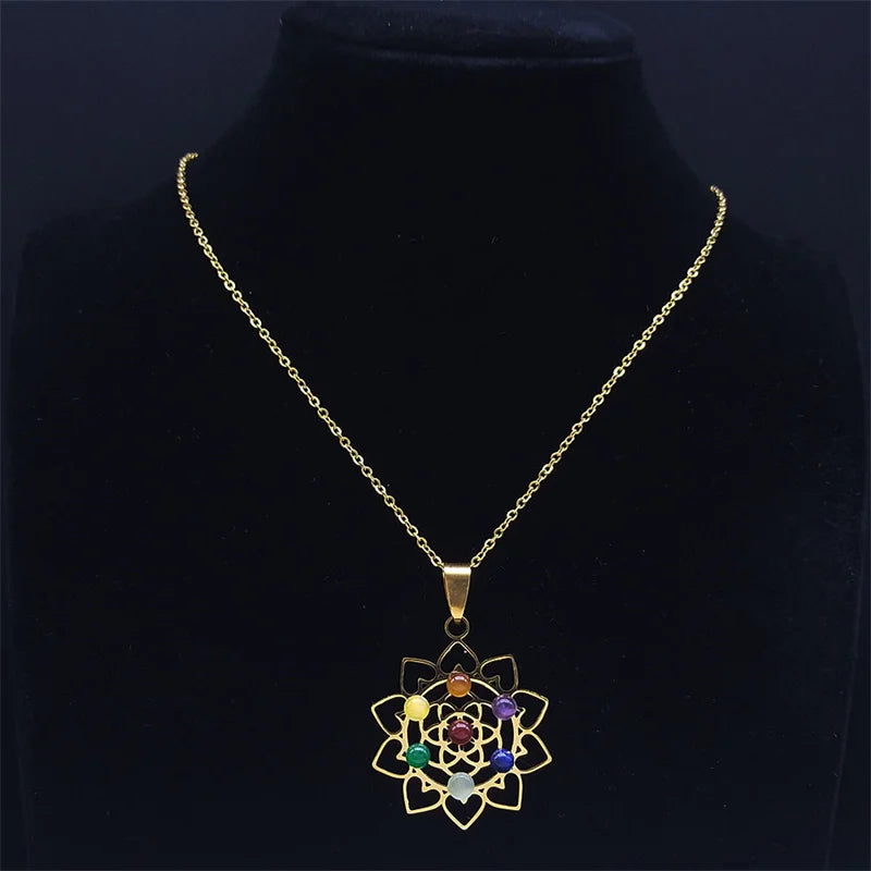 Géométrie sacrée 7 Chakra Metatron coeur collier fleur de vie en acier inoxydable opale pierre collier Reiki guérison bijoux N6341