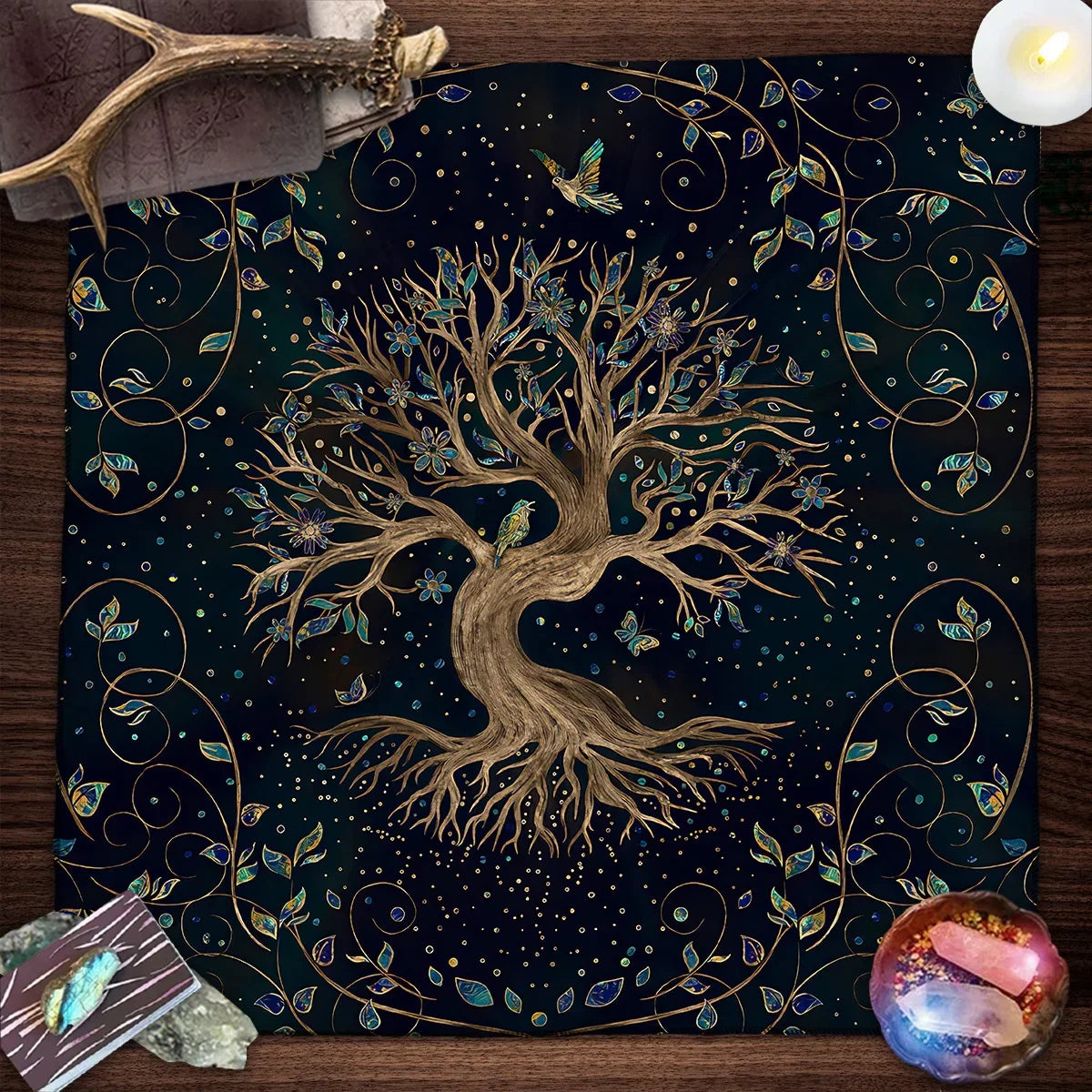 Nappe de carte de Tarot arbre de vie, nappe de plantes de Phase de lune pour Tarot de sorcière Wicca, tissu d'autel, tapis de carte de Divination