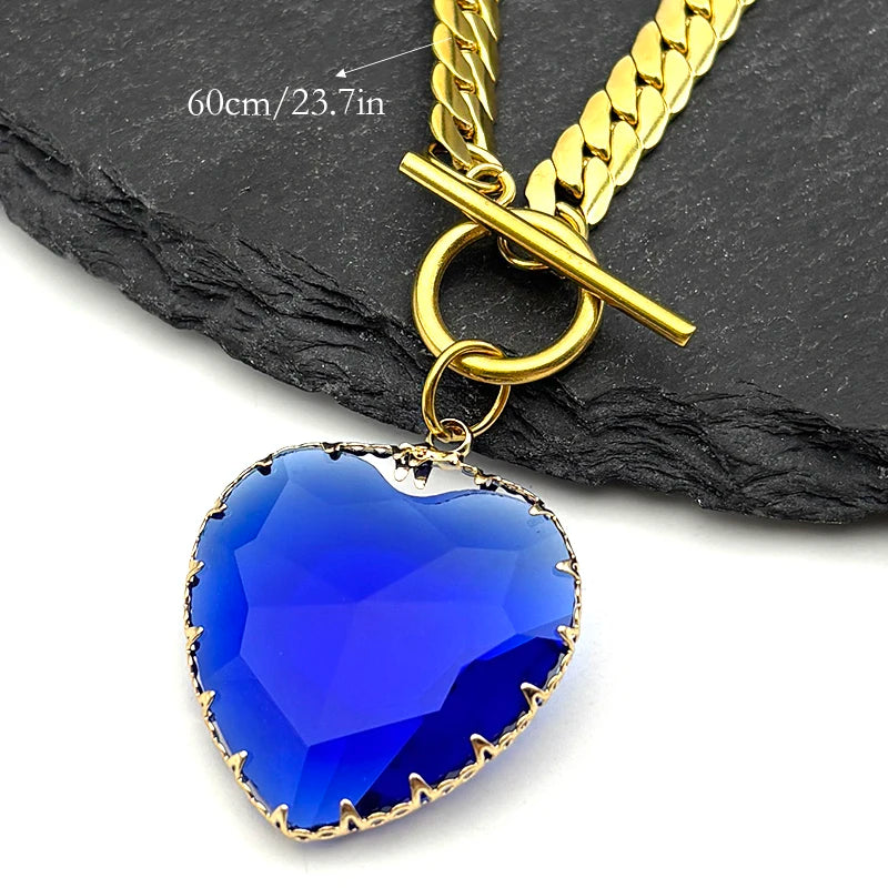 Collier ras du cou gothique punk en acier inoxydable avec pendentif cœur rouge en verre pour femmes