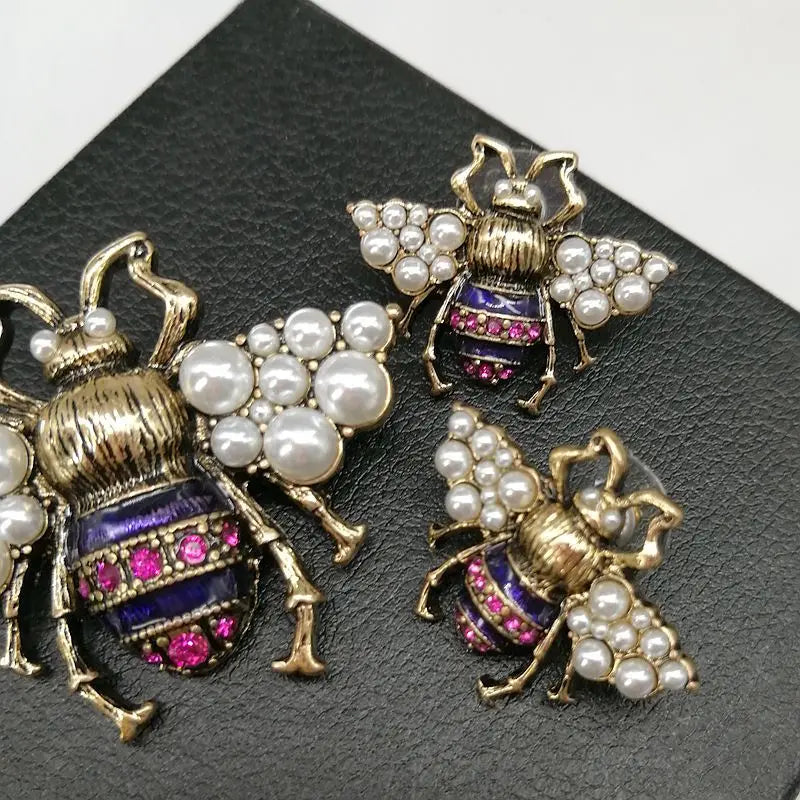 Boucles d'Oreilles en Clip pour Femme, Incrustation d'Insectes, Perle, ix