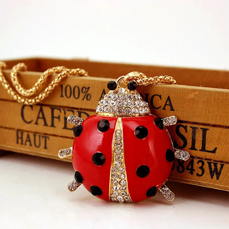 Collier coccinelle en émail rouge pour femmes, pendentif Animal en cristal, Long, X608