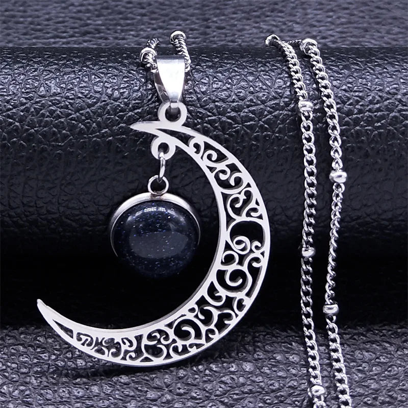 Collier Lune Noir en Acier Inoxydable pour Femme, Bijoux avec Perles de Classe Rouges