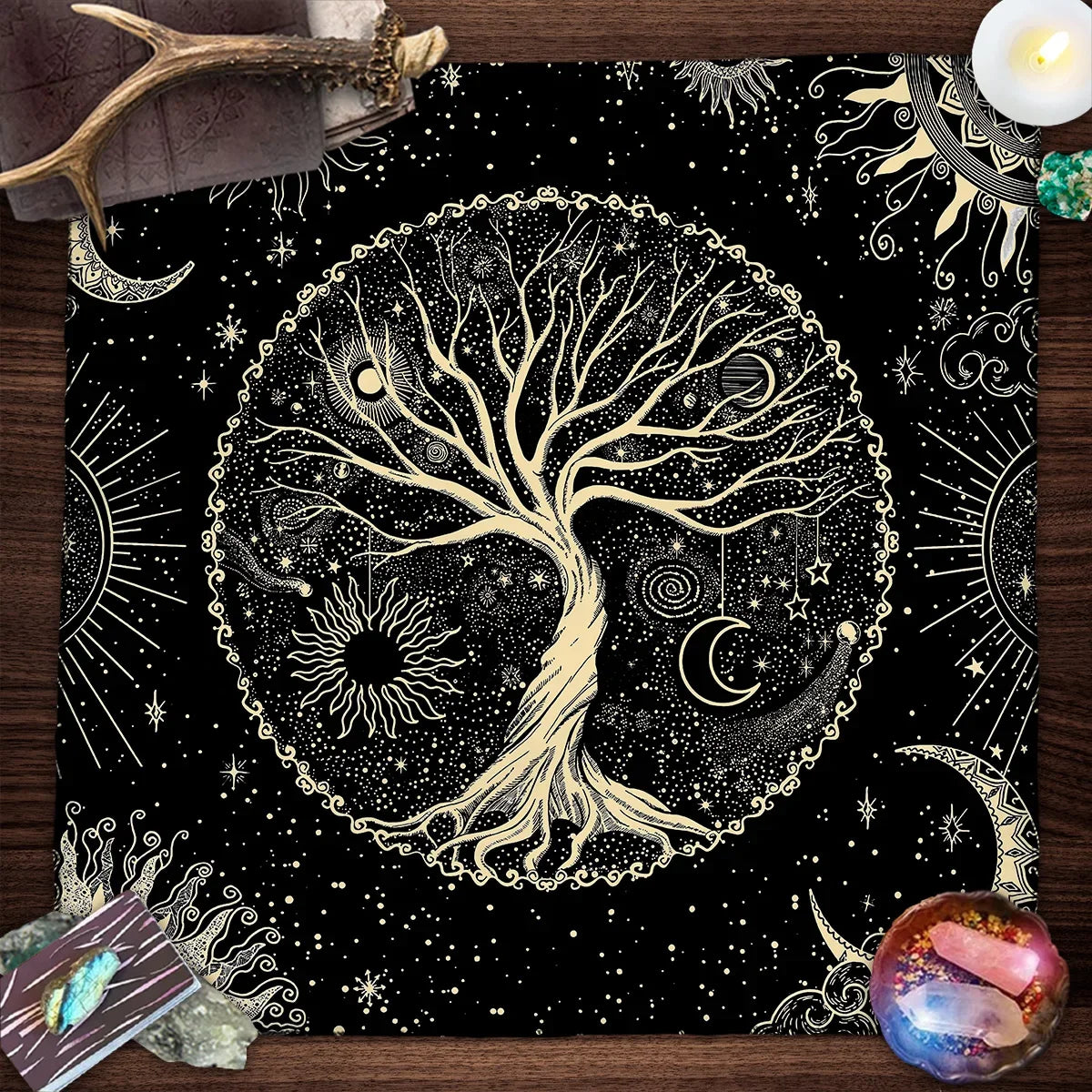 Nappe de carte de Tarot arbre de vie, nappe de plantes de Phase de lune pour Tarot de sorcière Wicca, tissu d'autel, tapis de carte de Divination