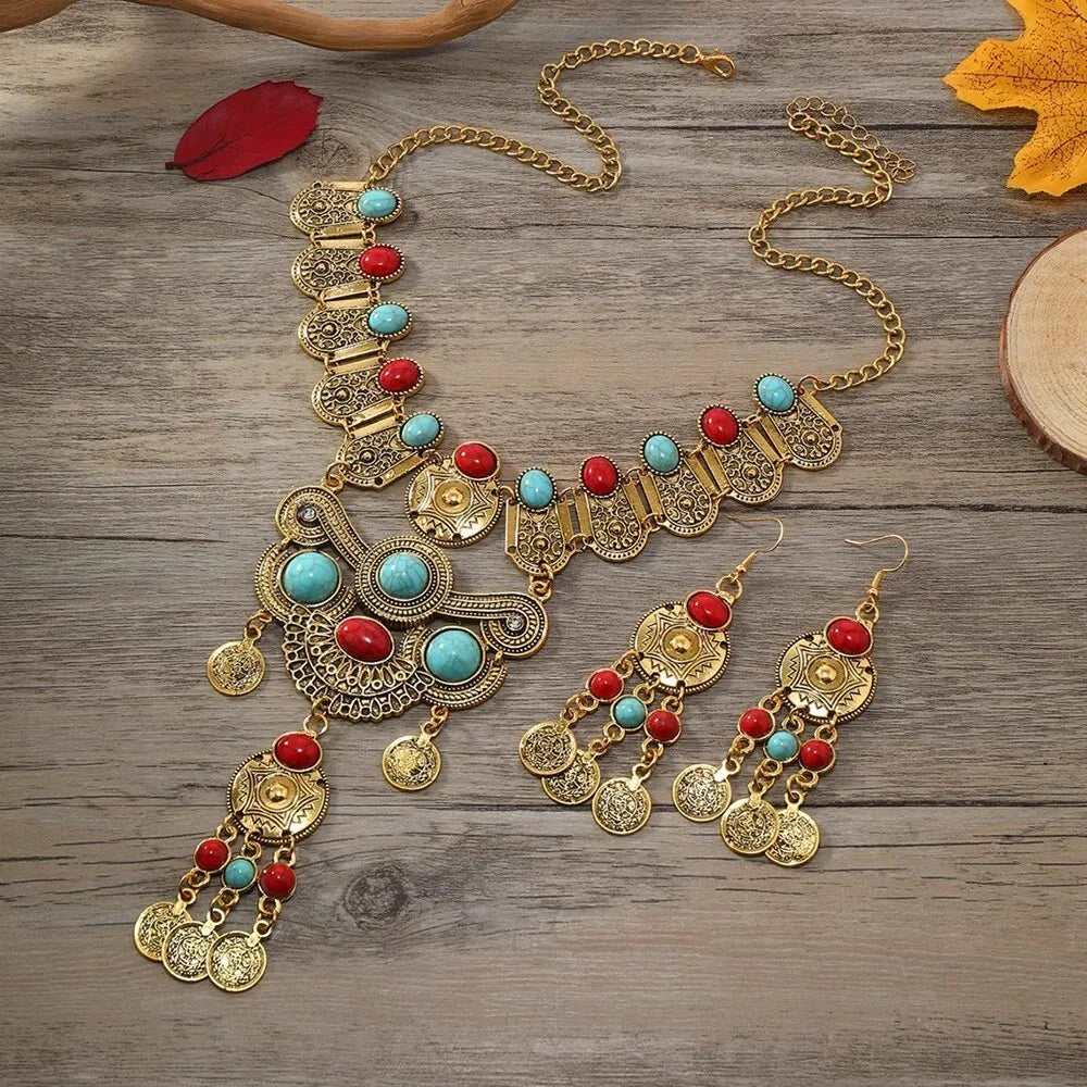 Ensemble de bijoux occidentaux ethnique Vintage, Imitation Turquoise, pièce de monnaie en métal, collier et boucles d'oreilles pour femmes, accessoires de fête