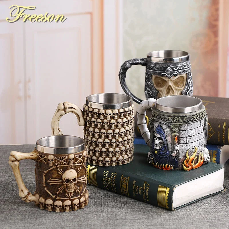 Chope à bière en résine de crâne gothique en acier inoxydable, chope Dragon Knight, tasse à café, tasse à thé, décor de pub et de bar, le plus cool