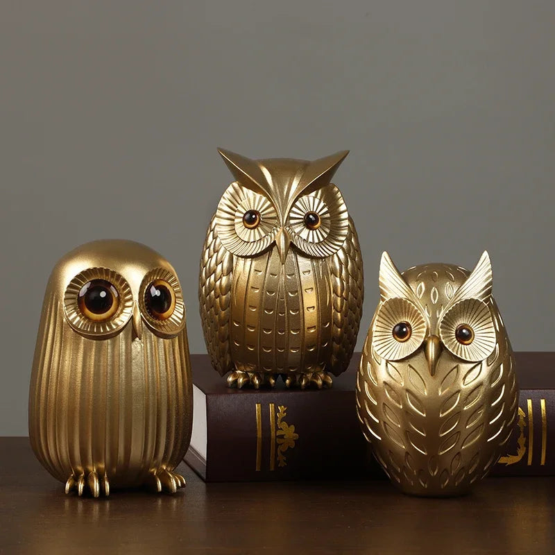 Statue de hibou en résine, Figurines de hibou doré mignon, décoration nordique pour la maison, Sculpture animale, artisanat intérieur de salon, ornements de bureau