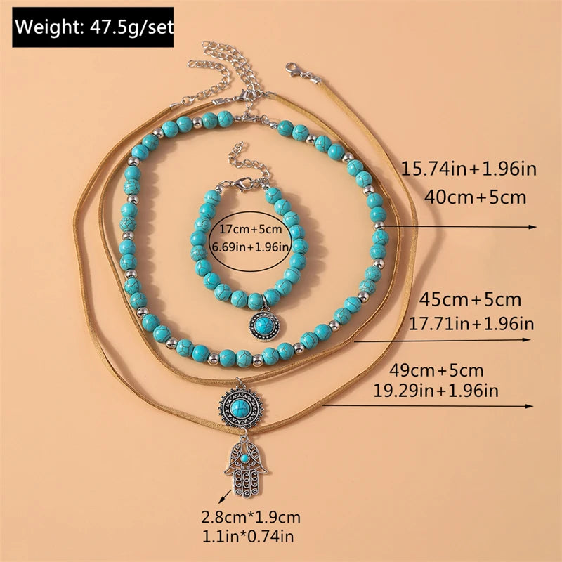 Ensemble de bijoux fait à la main pour femmes, collier de main de palmier turquoise, bracelet à la mode, cadeaux de fête et de festival pour filles