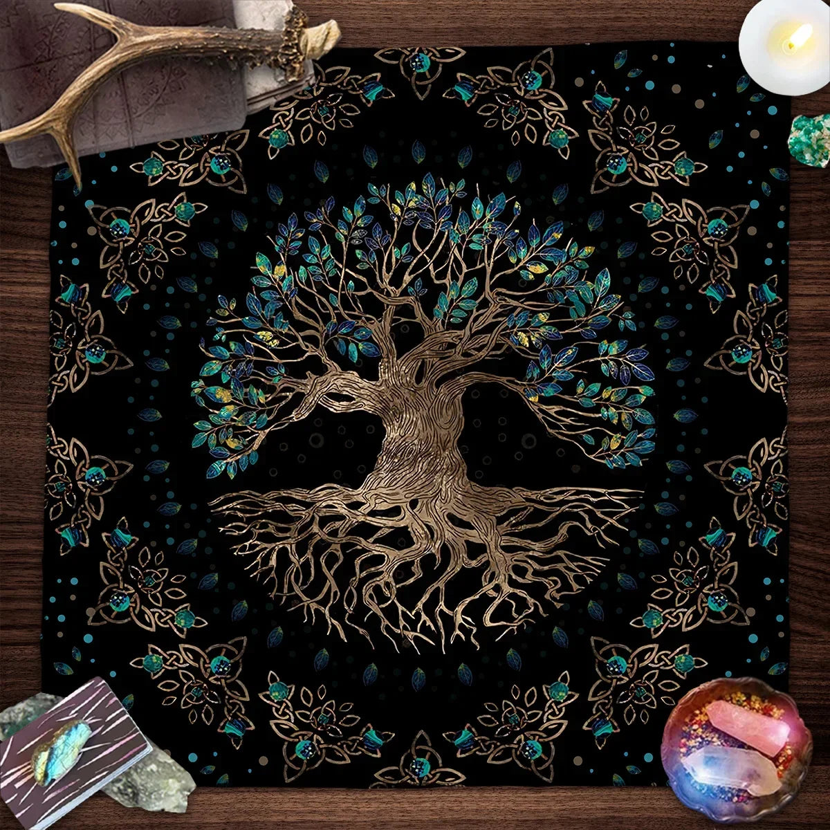Nappe de carte de Tarot arbre de vie, nappe de plantes de Phase de lune pour Tarot de sorcière Wicca, tissu d'autel, tapis de carte de Divination