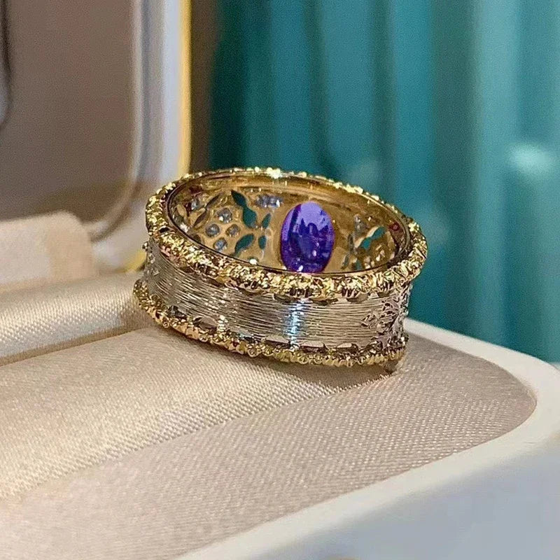 Bague Huitan en zircone cubique violette, motif ajouré bicolore – Élégance et raffinement pour femmes