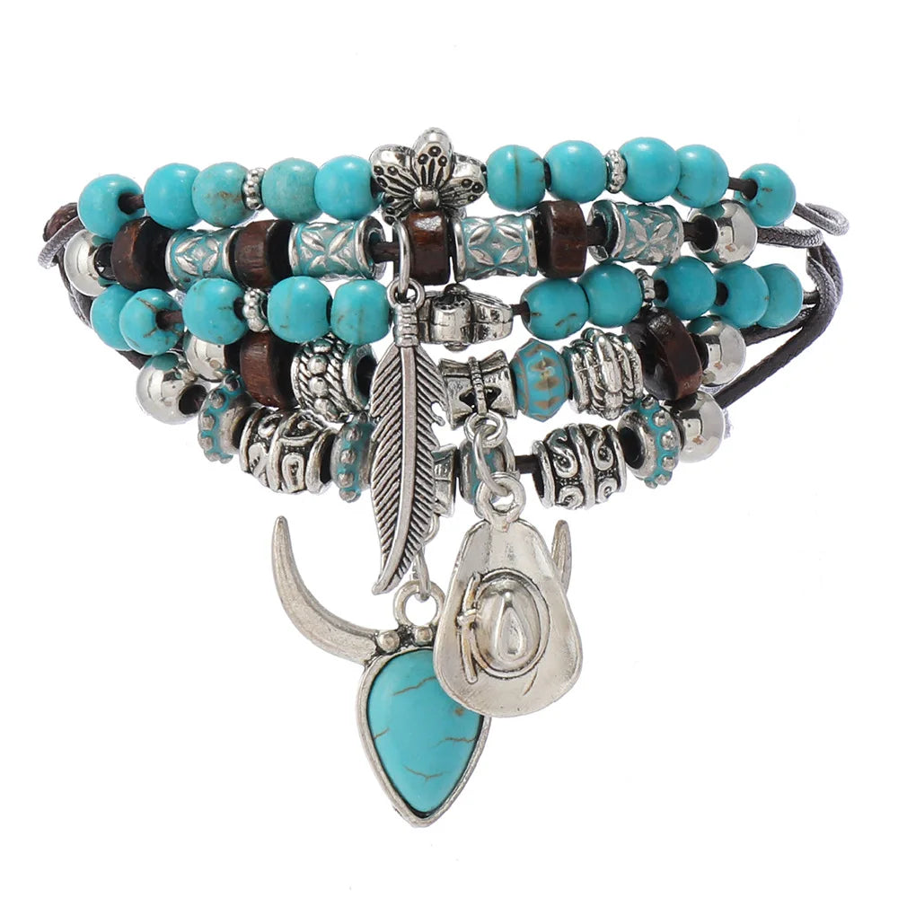 Chapeau de pays occidental tête d'animal feuille plume femmes Bracelets porte-bonheur femmes Bracelets en cuir hommes bracelet en gros bijoux cadeau