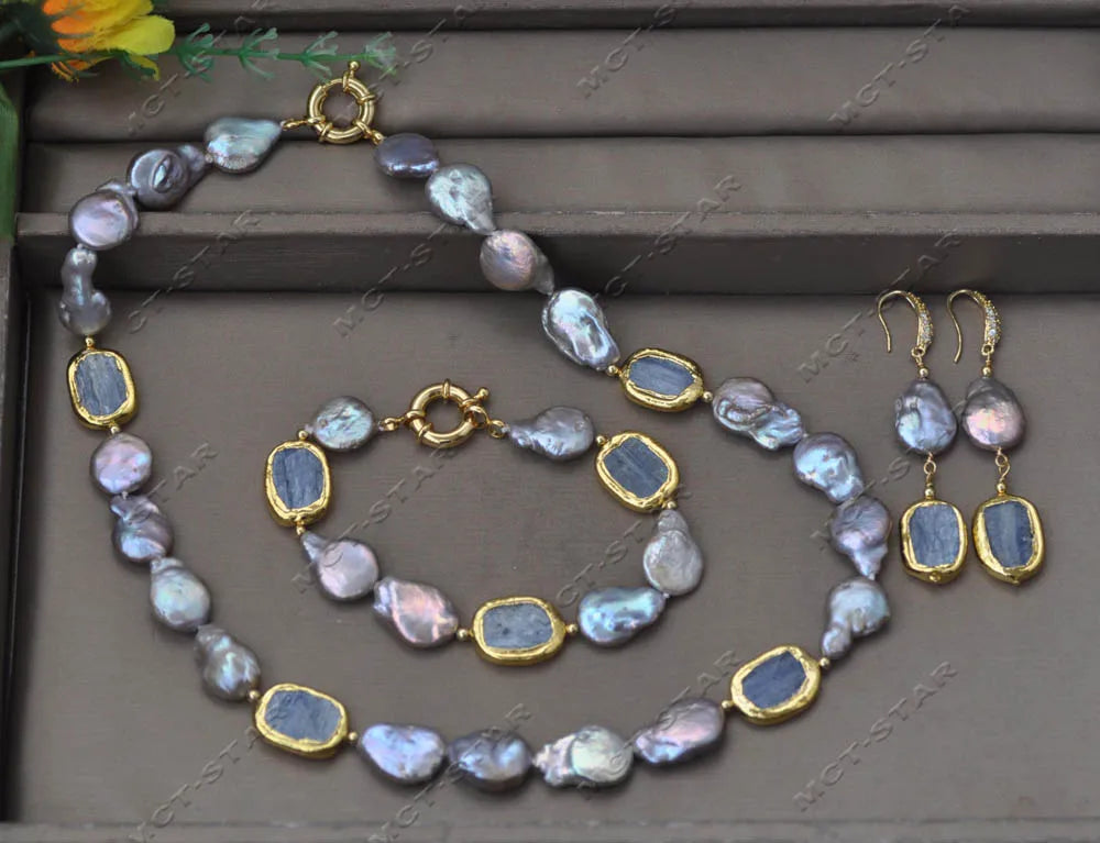 Ensemble de bijoux personnalisés, pièce de monnaie grise, perle, kyanites bleus, collier, bracelet, boucle d'oreille, Z13617, 19"
