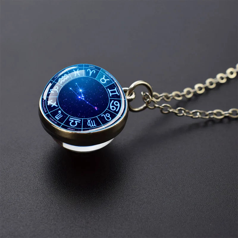 Pendentif boule de verre double face pour femme, signes du zodiaque, équiprésidence, 12 constellations, planète, bélier, lion, vierge, bijoux, cadeau