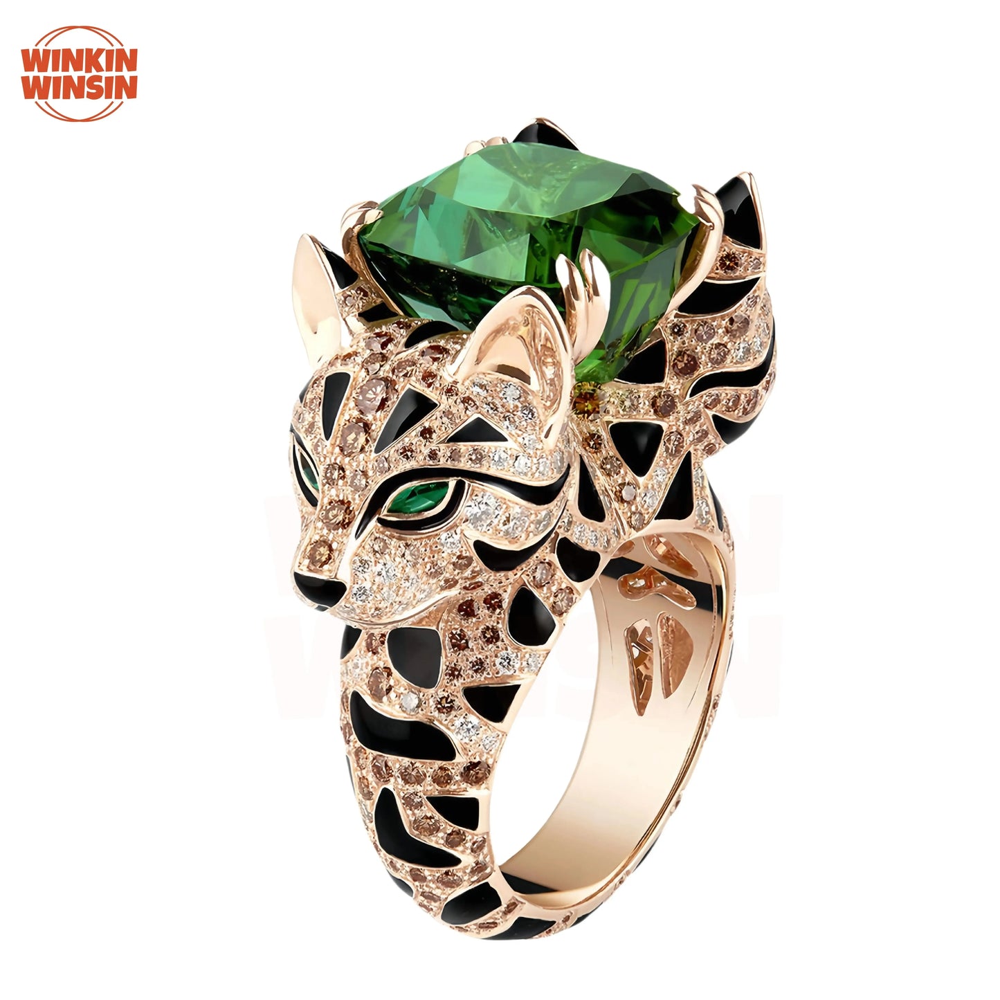 Bague Femme Argent Sterling 925 Émeraude et Diamant Haute Teneur en Carbone Design Léopard Or