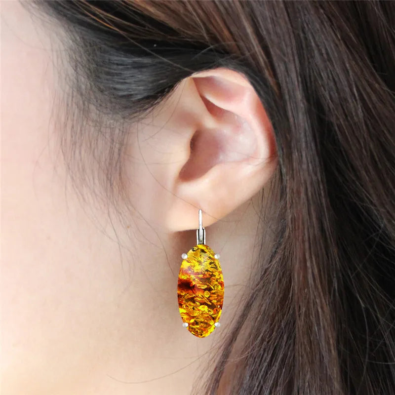 Ensemble collier et boucles d'oreilles vintage pour femme, pendentif en forme d'oeil, ambres simulés, bijoux fantaisie plaqués argent antique