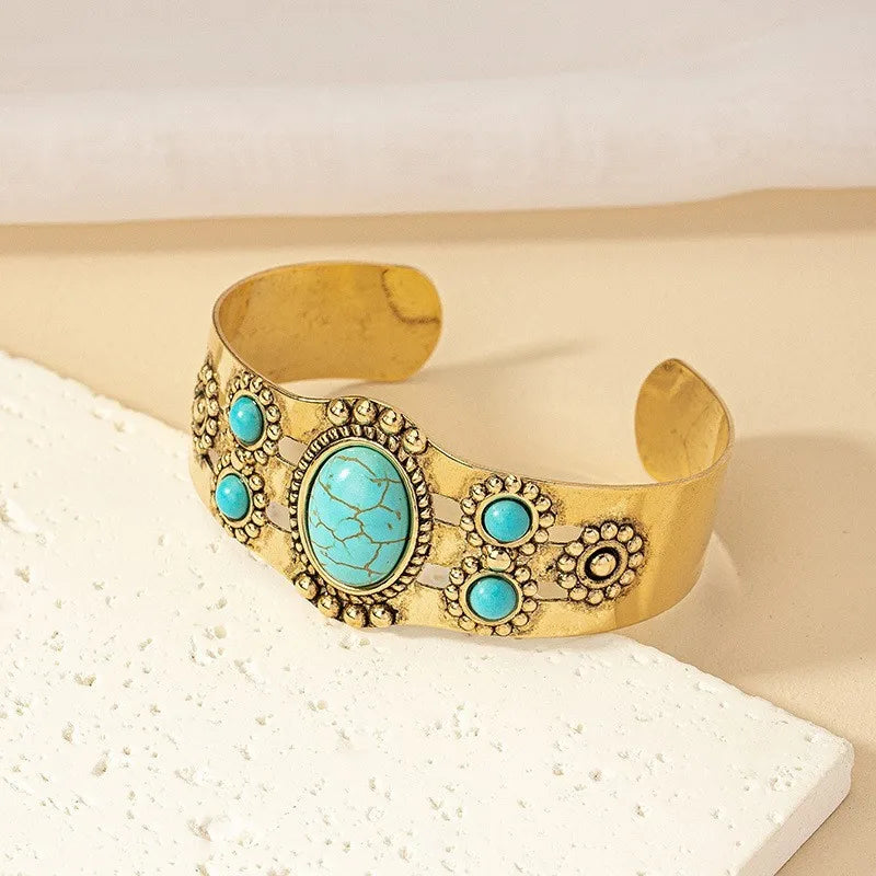 Bracelet manchette turquoise incrusté Élpour hommes et femmes, style bohème vintage, bracelets de personnalité, design créatif, cadeau de bijoux