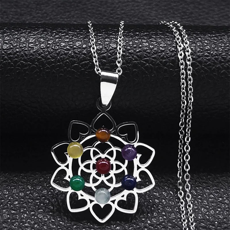 Géométrie sacrée 7 Chakra Metatron coeur collier fleur de vie en acier inoxydable opale pierre collier Reiki guérison bijoux N6341