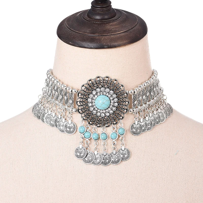 Collier ethnique pour femmes, ras du cou, bohème, Vintage, creux, géométrique, cristal, strass, perles, pièce de monnaie, pompon, bijoux