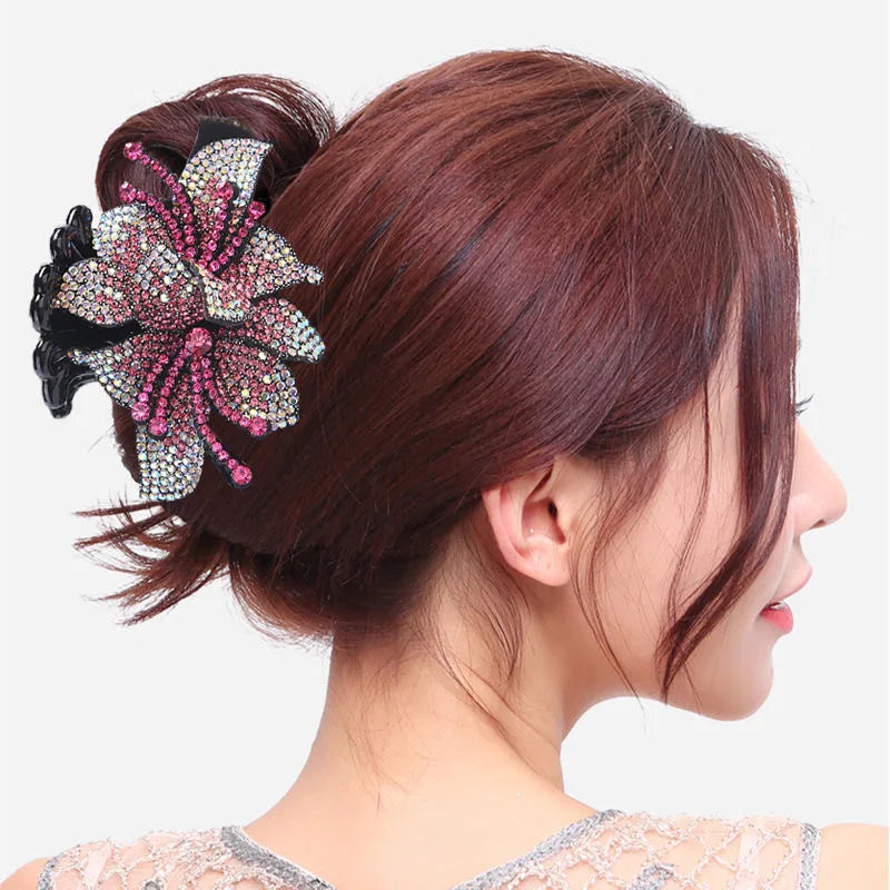 Pinces à cheveux à Double fleur, épingles à cheveux pour filles et femmes, Barrettes à strass, accessoires pour cheveux en forme de crabe, nouvelle collection