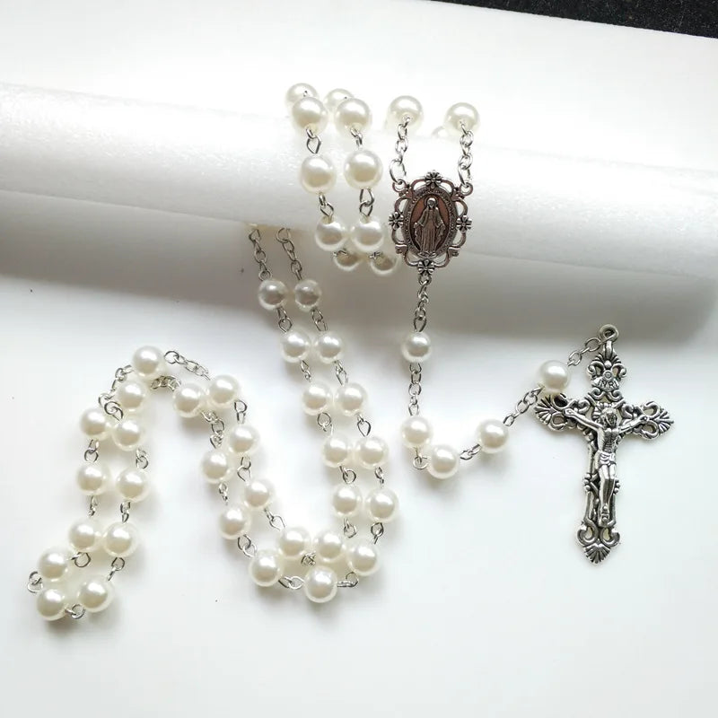Chaîne de perles de méditation blanche, prière religieuse, collier chapelet Medalla Milagrosa, Crucifix croix, chapelet, bijoux cadeaux