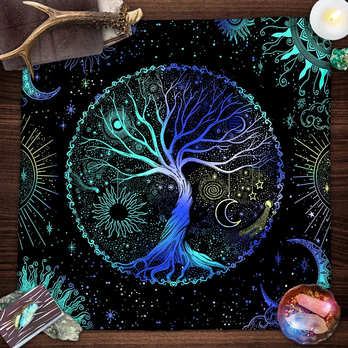 Nappe de carte de Tarot arbre de vie, nappe de plantes de Phase de lune pour Tarot de sorcière Wicca, tissu d'autel, tapis de carte de Divination