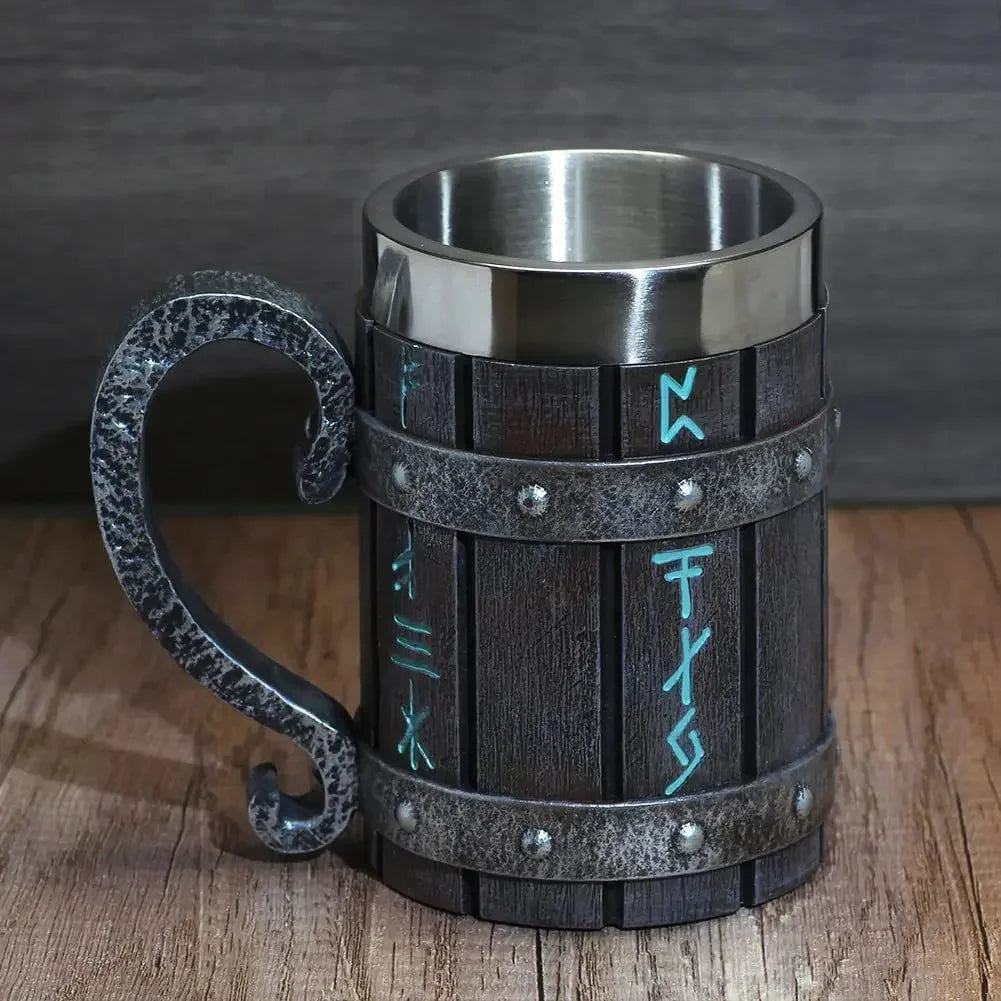 Tasse à café viking vintage avec doublure en acier inoxydable, grande capacité, baril de chêne, chope à bière, tasse à thé, pub, bar, cadeau de fête