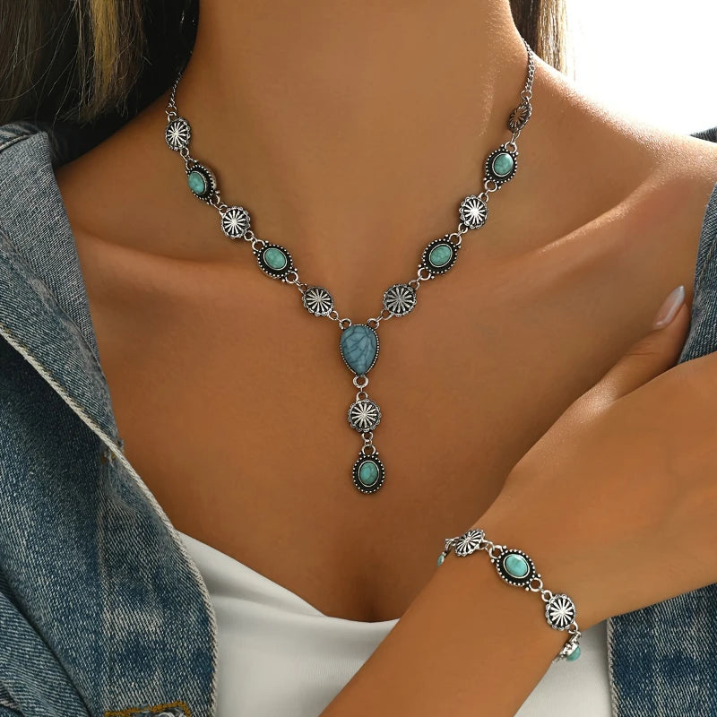 Ensemble Bijoux Bohème Femme : Collier Long,Turquoise et Bracelet