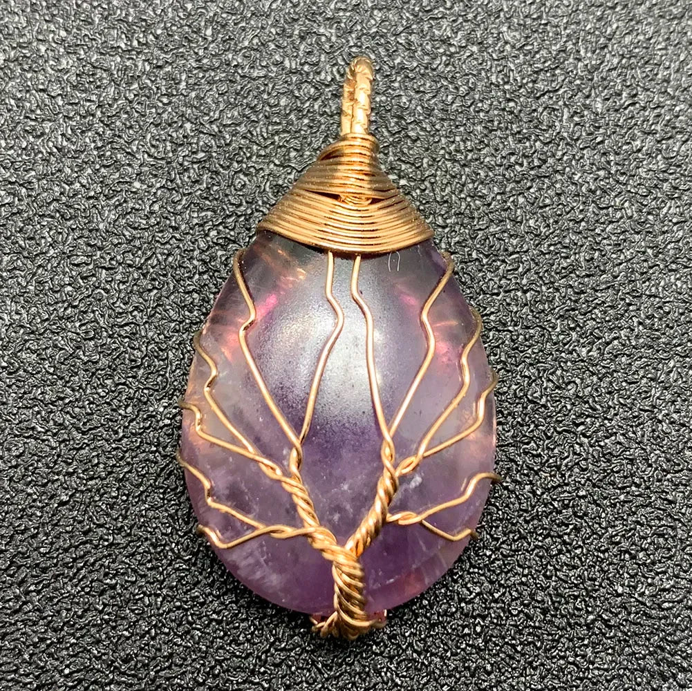 Pendentif en pierre naturelle pour femme, breloques en cristal, arbre de vie fait à la main, goutte d'eau, bijoux de déclaration, cadeau de bricolage, mode