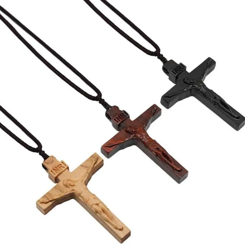 Collier croix de Jésus en bois pour hommes et femmes, collier chrétien catholique Jésus Nina ifix