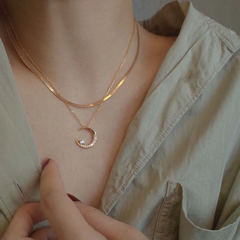 Collier pendentif étoile lune incrusté de zircone brillant pour femmes, chaîne de clavicule en cristal de luxe, bijoux de mariage
