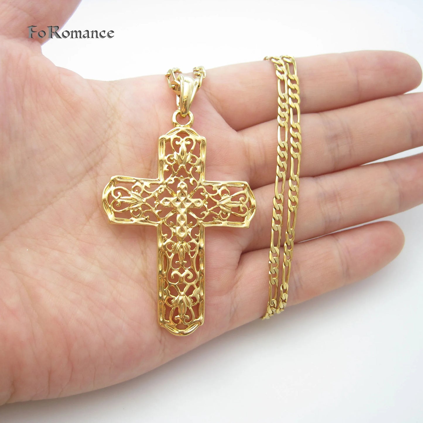 Collier en laiton plaqué jaune 24" – pendentifs, Jésus, Croix creux à surface lisse, cadeau d’exception
