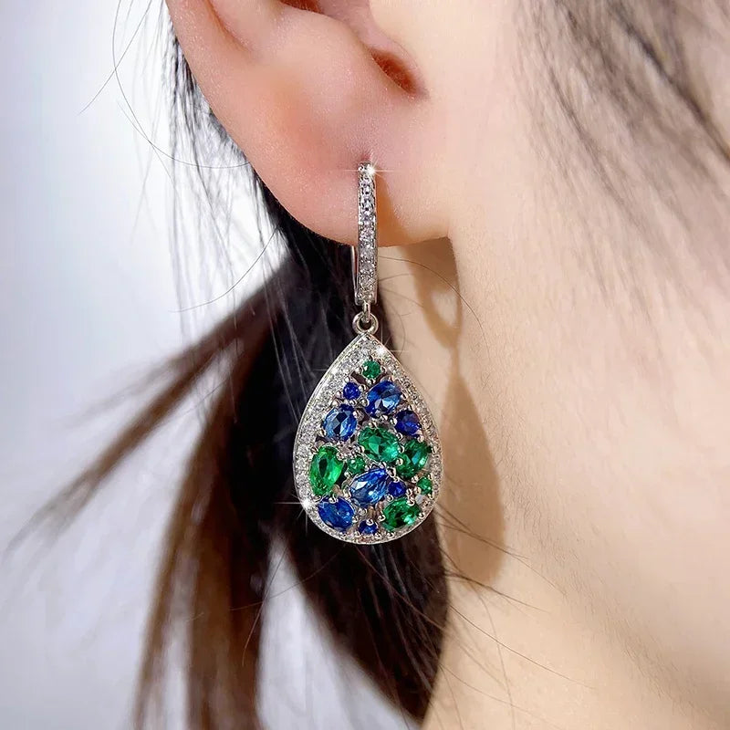 Boucles d'oreilles en zircone cubique bleu vif/vert pour femmes, Design Chic, accessoires d'oreille de mariée de mariage, bijoux de fête à la mode, 2025