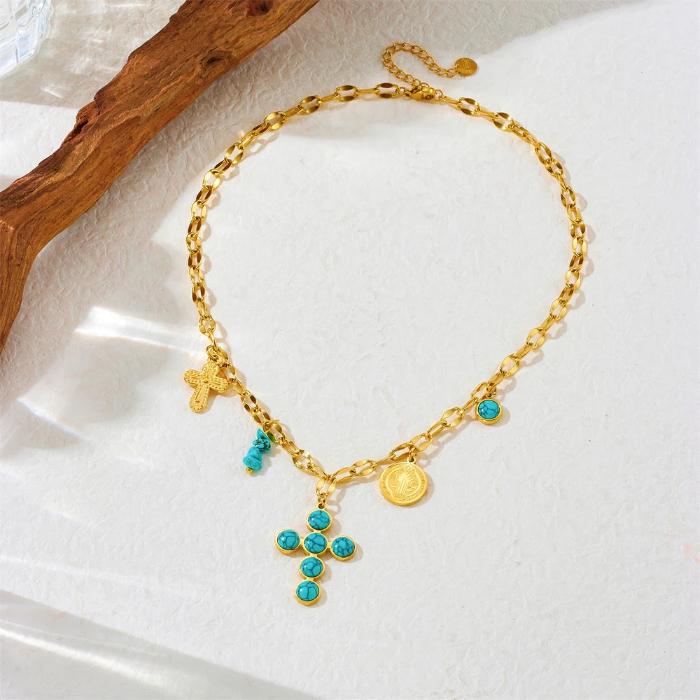 DIEYURO 316L acier inoxydable rond Turquoise incrusté croix pendentif collier pour femmes fille nouvelle mode cou chaîne bijoux cadeau
