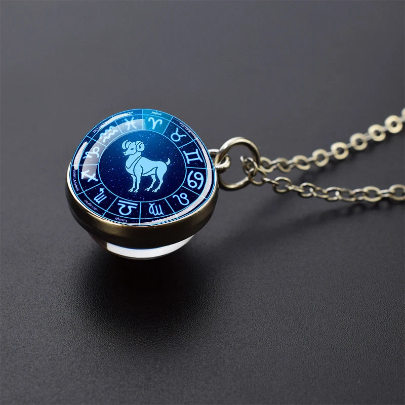Pendentif boule de verre double face pour femme, signes du zodiaque, équiprésidence, 12 constellations, planète, bélier, lion, vierge, bijoux, cadeau