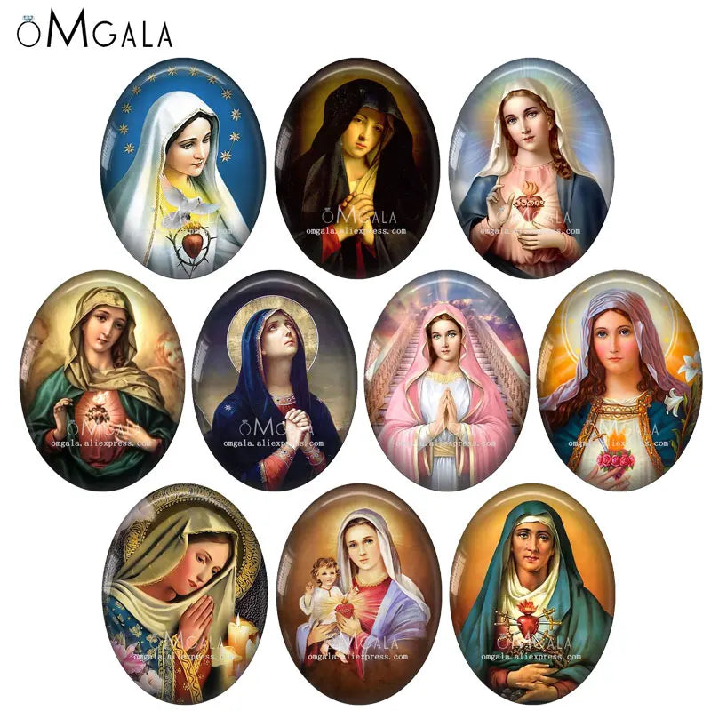 Cabochon Ovale en Verre à Dos pio, 10 Pièces, Motifs Rétro Vierge Marie et Bébé Jésus, 13x18mm/18x25mm/30x40mm