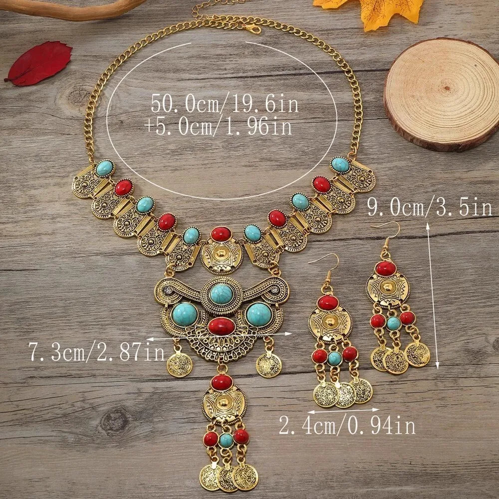 Ensemble de bijoux occidentaux ethnique Vintage, Imitation Turquoise, pièce de monnaie en métal, collier et boucles d'oreilles pour femmes, accessoires de fête
