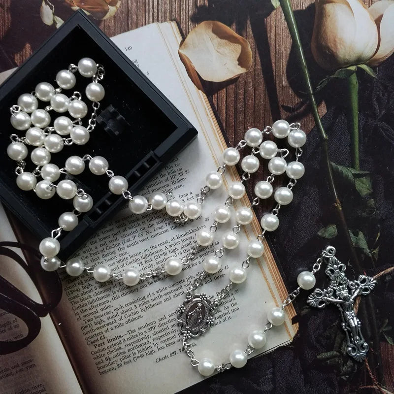 Chaîne de perles de méditation blanche, prière religieuse, collier chapelet Medalla Milagrosa, Crucifix croix, chapelet, bijoux cadeaux
