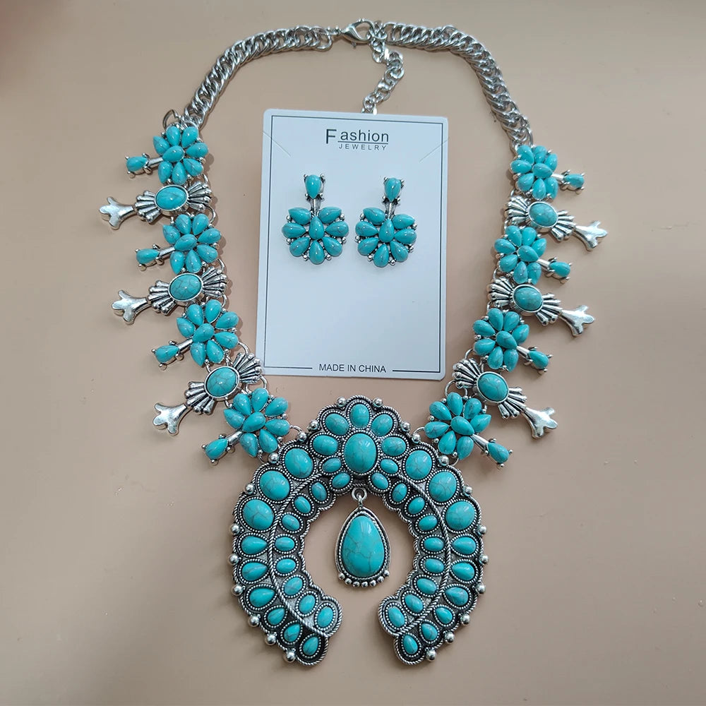 Navajo – ensemble de bijoux indiens pour femmes, boucles d'oreilles en résine de pierre Turquoise rouge et collier de fleurs de courge occidentales pour femmes