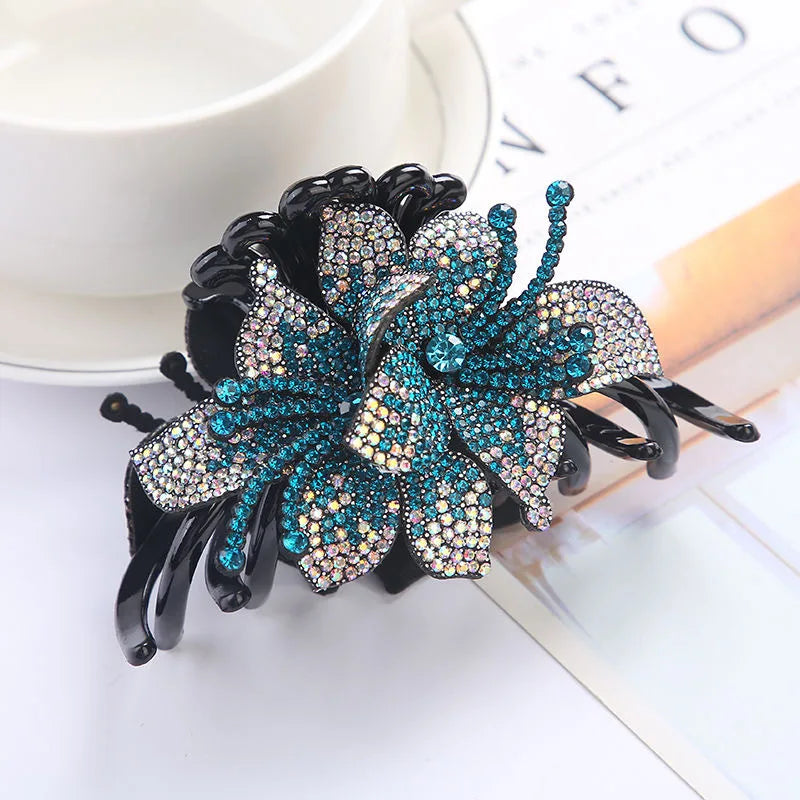 Pinces à cheveux à Double fleur, épingles à cheveux pour filles et femmes, Barrettes à strass, accessoires pour cheveux en forme de crabe, nouvelle collection