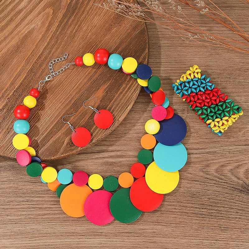 Grand ensemble de bijoux ronds en bois colorés à deux couches, pour fête de mariage africaine, perles en bois, collier, boucles d'oreilles, Bracelets, cadeaux pour femmes