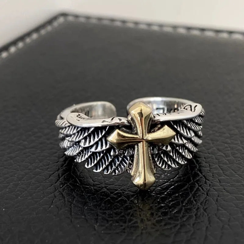 Bague croix d'ange pour hommes, bague d'ouverture à la mode et personnalisée, ailes et ailes de croix dorées pour hommes, bijoux gothiques punk
